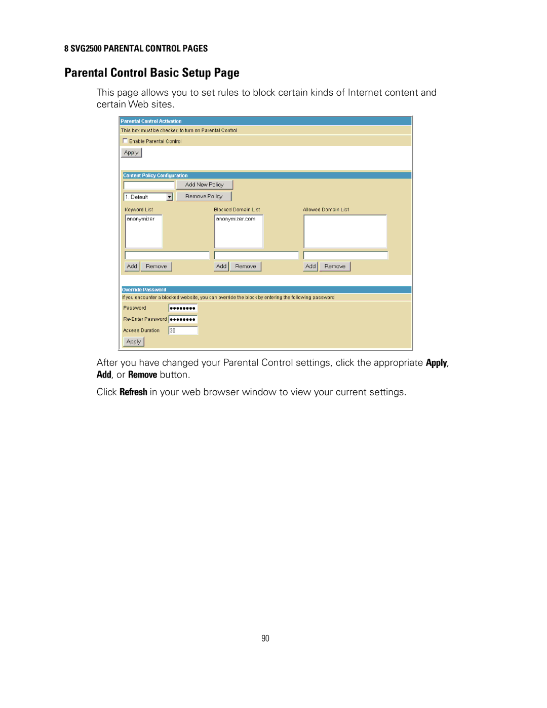 Motorola SVG2500 manual Parental Control Basic Setup 