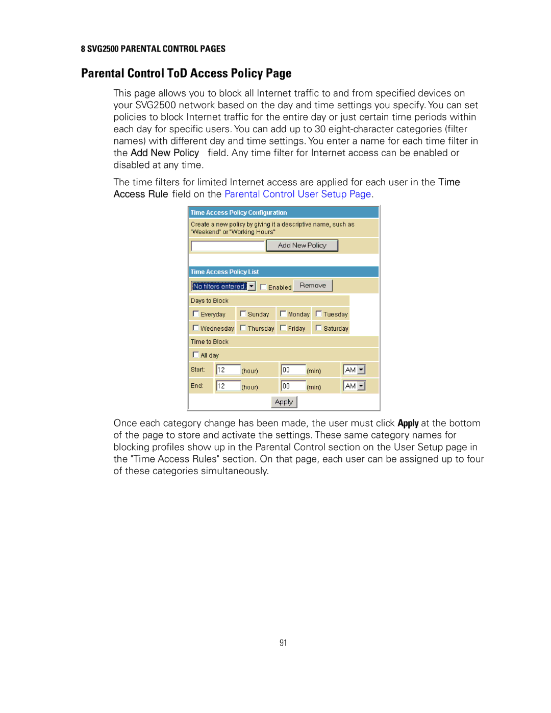 Motorola SVG2500 manual Parental Control ToD Access Policy 