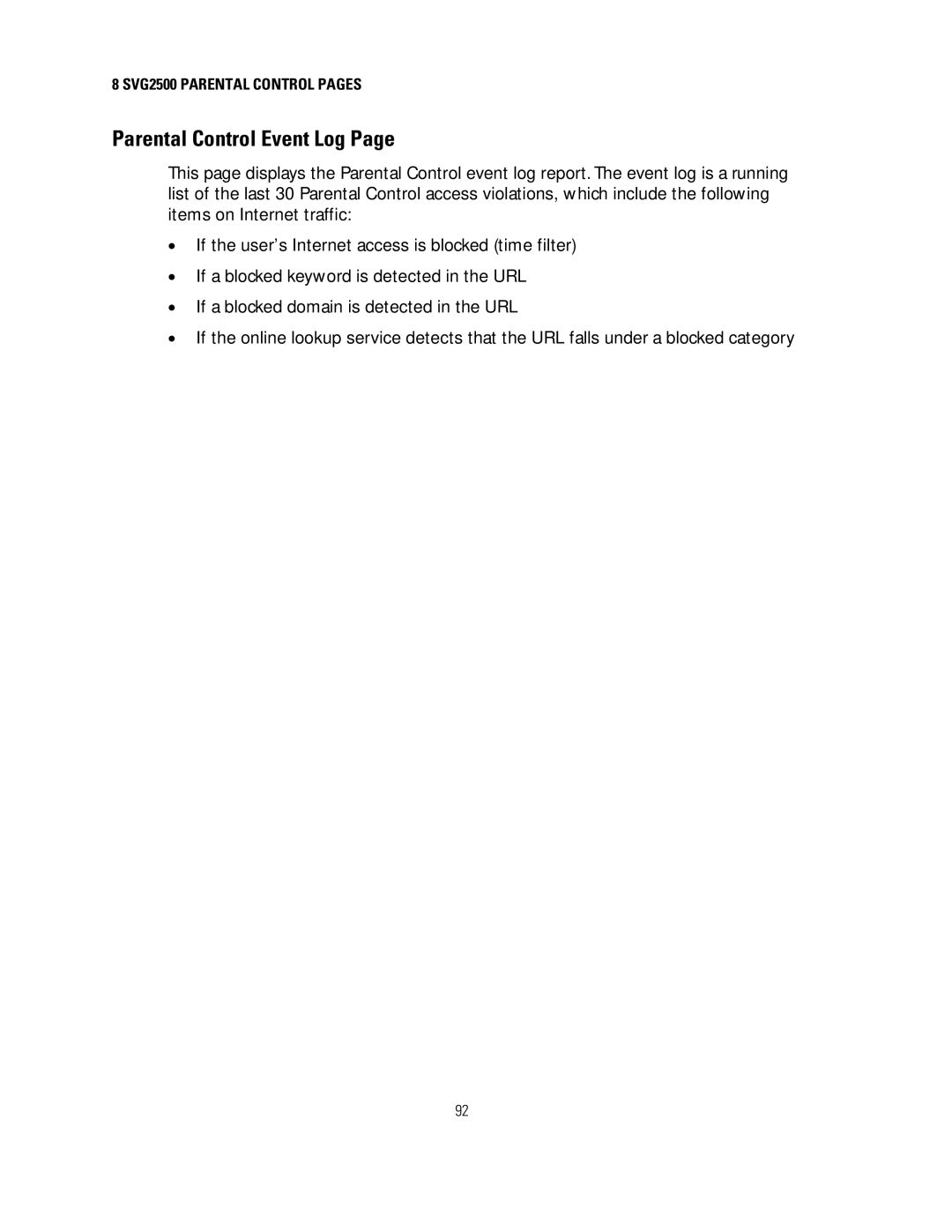 Motorola SVG2500 manual Parental Control Event Log 