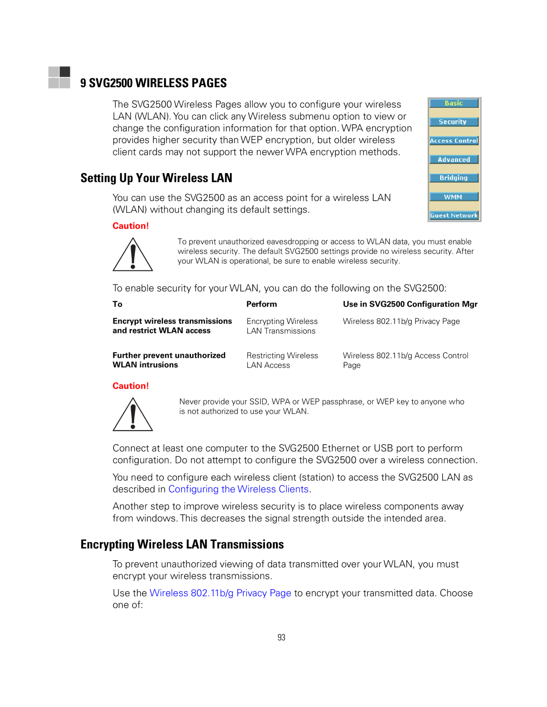 Motorola manual SVG2500 Wireless Pages, Setting Up Your Wireless LAN, Encrypting Wireless LAN Transmissions 