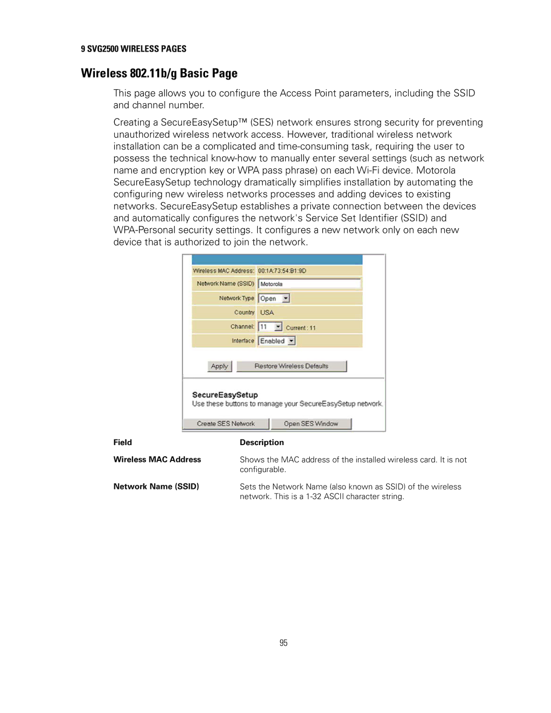 Motorola SVG2500 manual Wireless 802.11b/g Basic, Field Description Wireless MAC Address, Network Name Ssid 