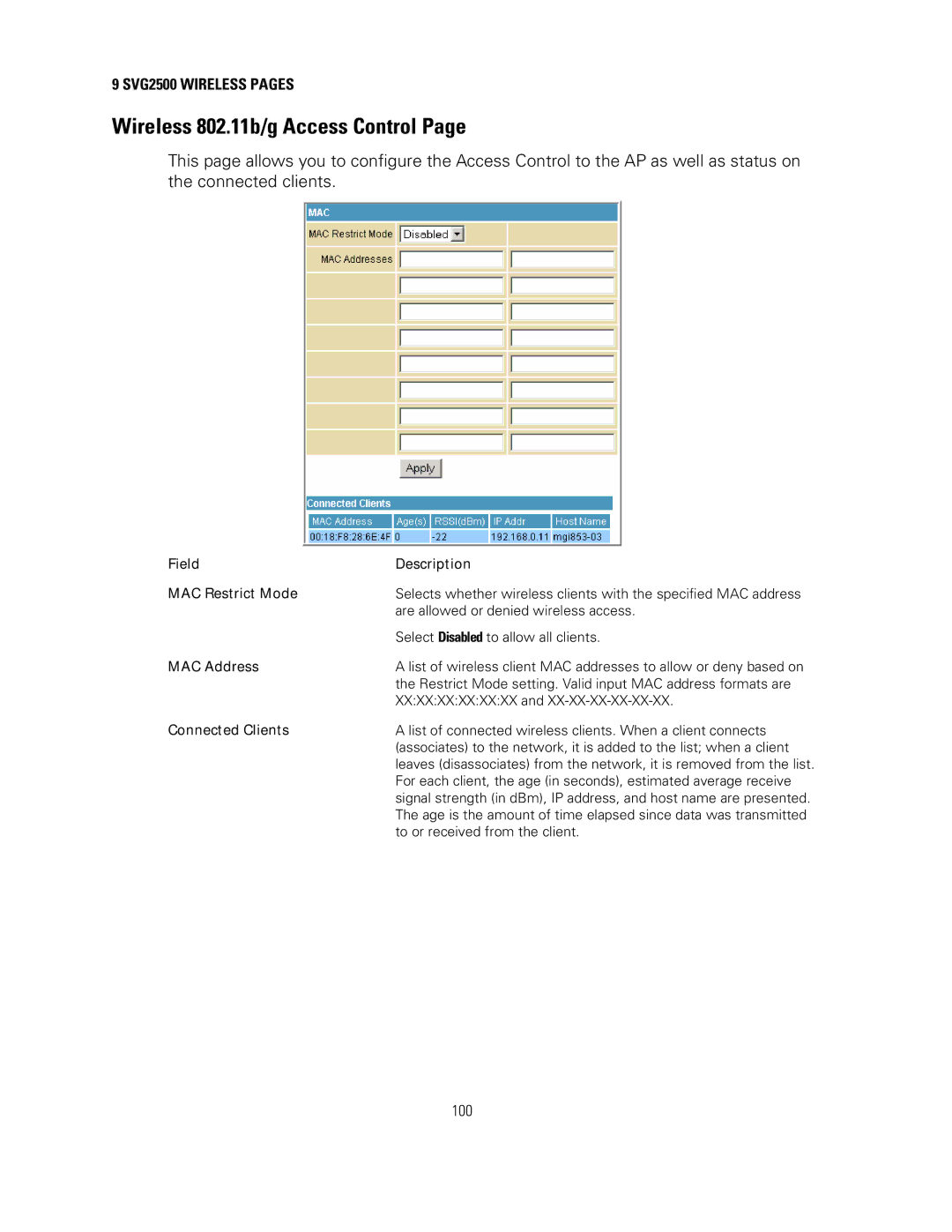 Motorola SVG2500 manual Wireless 802.11b/g Access Control, Field Description MAC Restrict Mode, Connected Clients 
