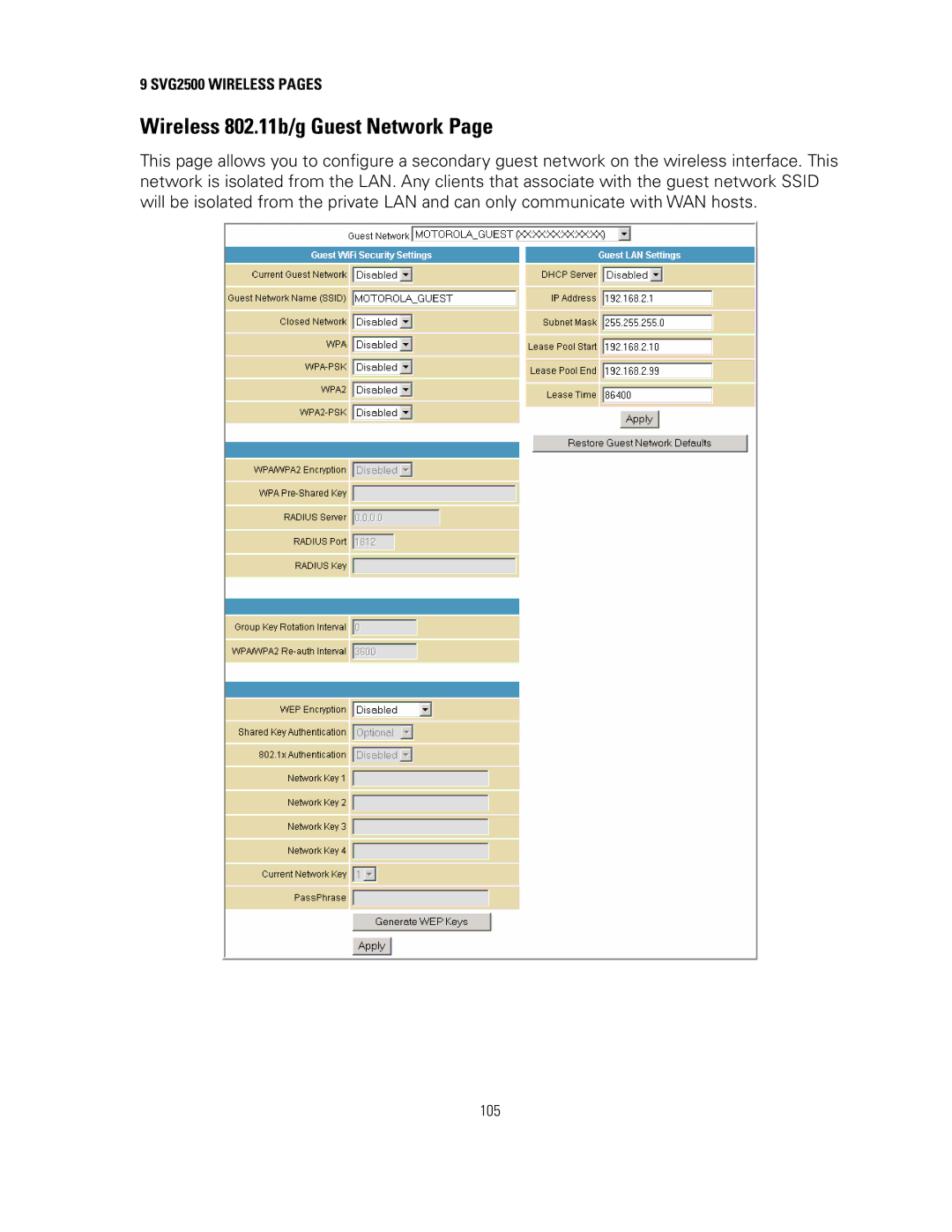 Motorola SVG2500 manual Wireless 802.11b/g Guest Network 
