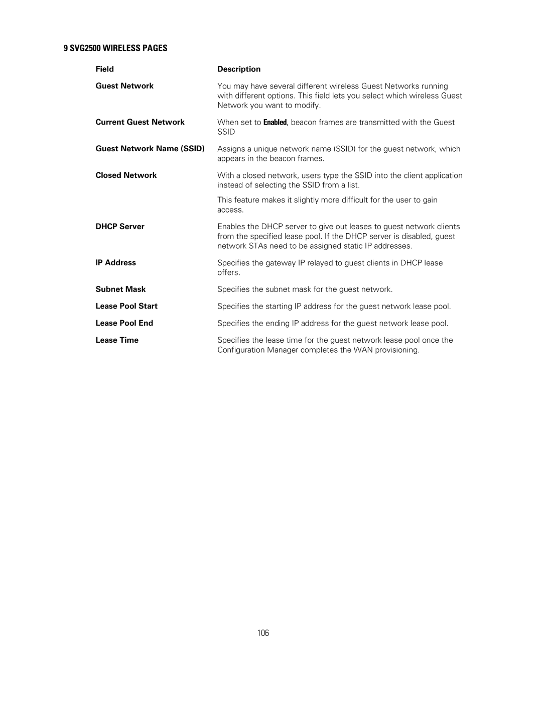 Motorola SVG2500 manual Field Description Guest Network, Current Guest Network, Guest Network Name Ssid, Closed Network 