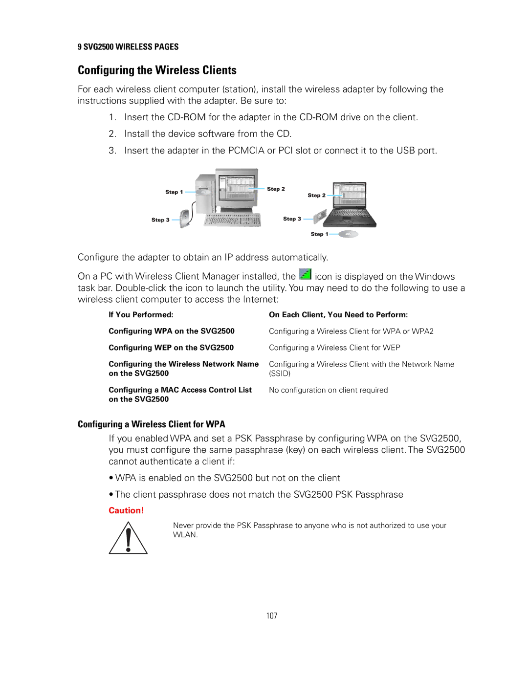 Motorola manual Configuring the Wireless Clients, Configuring a Wireless Client for WPA, On the SVG2500 