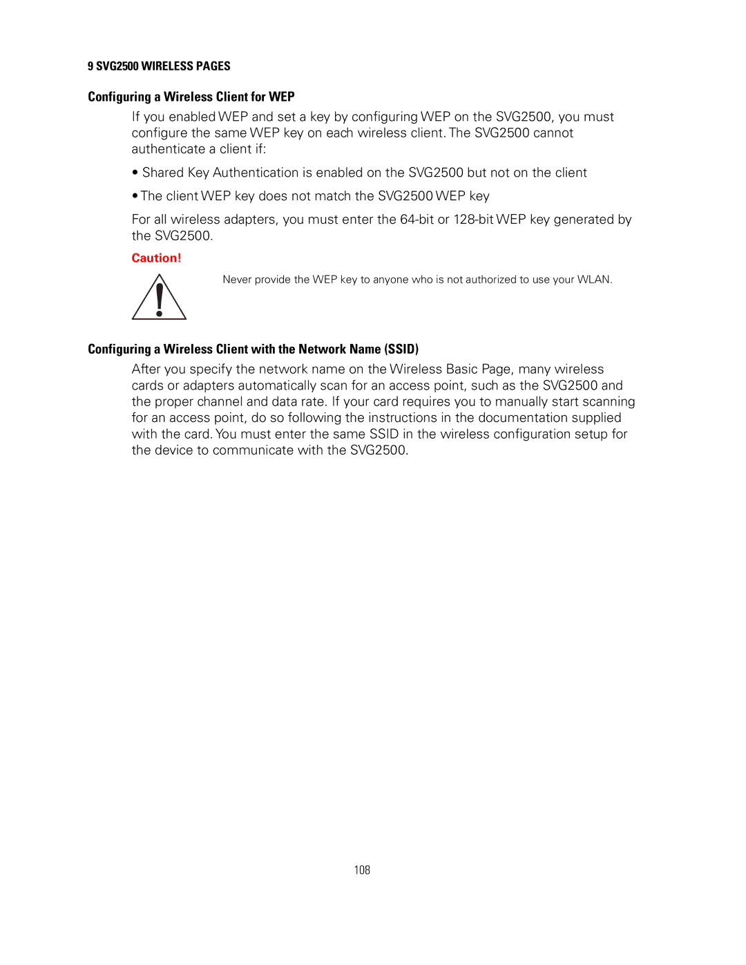 Motorola SVG2500 manual Configuring a Wireless Client for WEP, Configuring a Wireless Client with the Network Name Ssid 