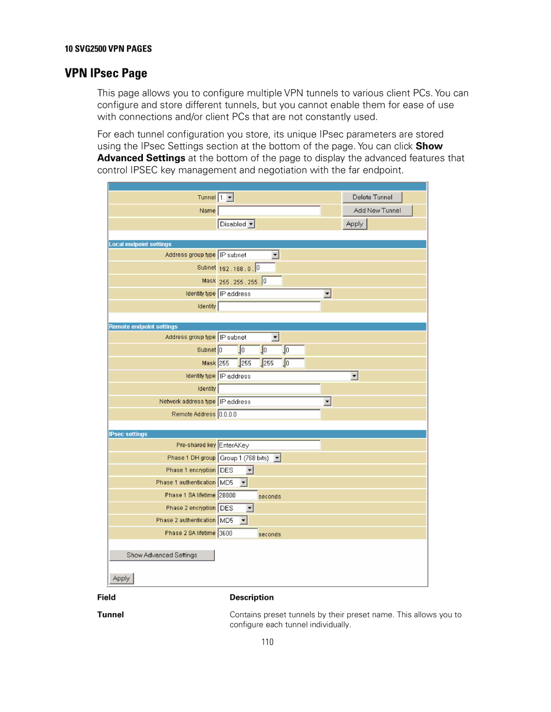 Motorola manual VPN IPsec, 10 SVG2500 VPN Pages, Field Description Tunnel, Configure each tunnel individually 