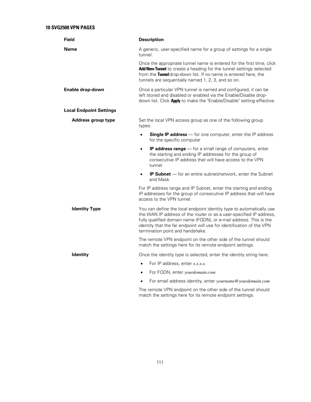 Motorola SVG2500 manual Field Description Name, Enable drop-down, Local Endpoint Settings Address group type, Identity Type 