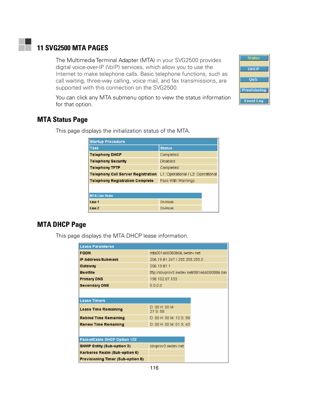 Motorola manual 11 SVG2500 MTA Pages, MTA Status, MTA Dhcp 