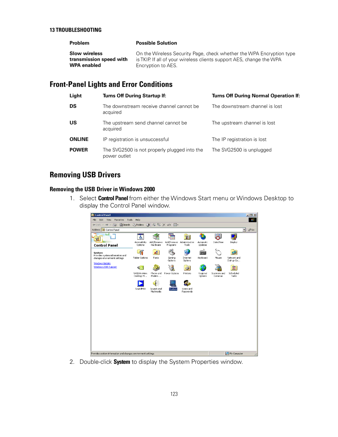 Motorola SVG2500 manual Front-Panel Lights and Error Conditions, Removing USB Drivers, Removing the USB Driver in Windows 