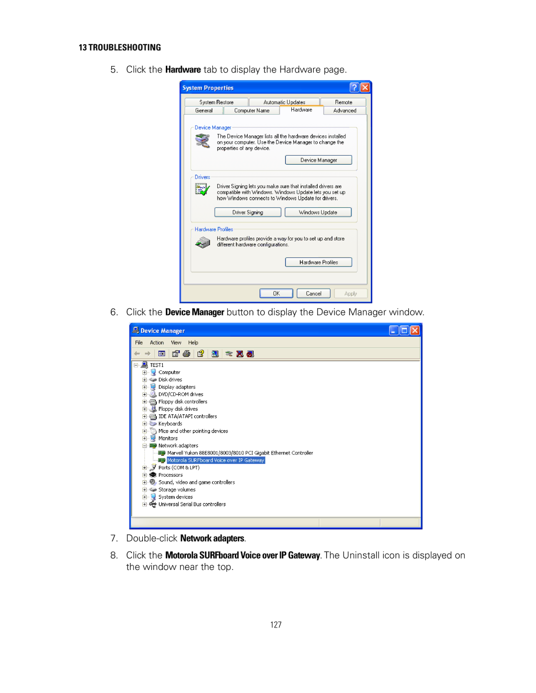 Motorola SVG2500 manual Double-clickNetwork adapters 