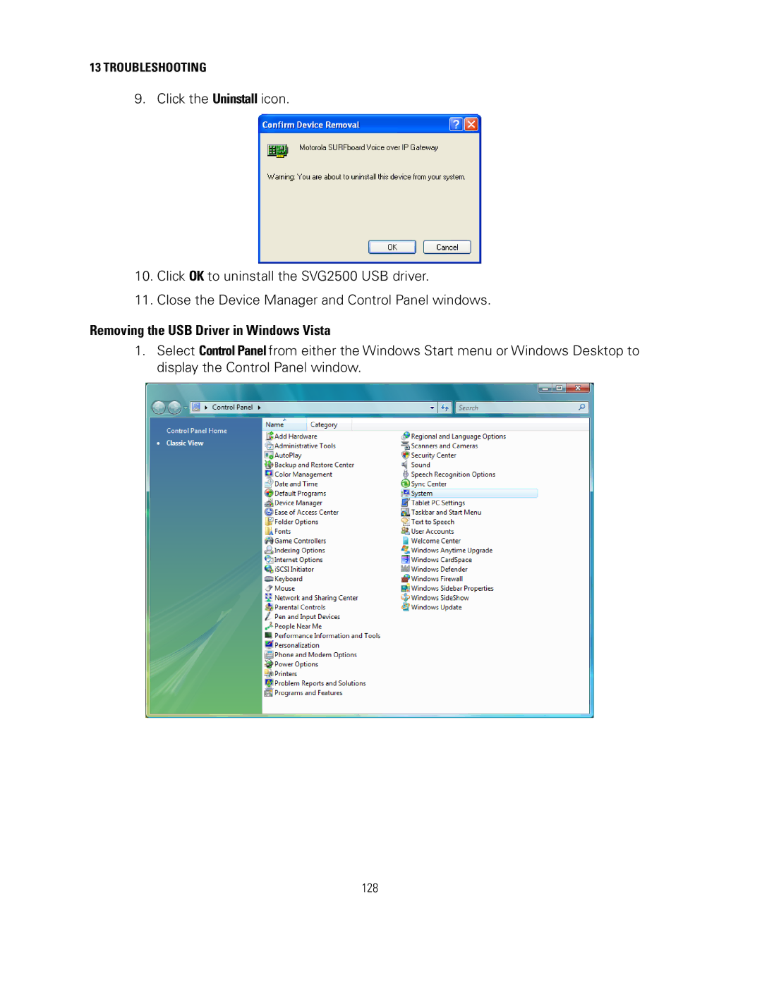 Motorola SVG2500 manual Removing the USB Driver in Windows Vista 