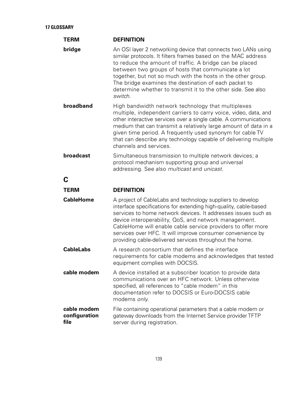 Motorola SVG2500 manual Bridge, Broadband, Broadcast, CableHome, CableLabs, Cable modem configuration file 