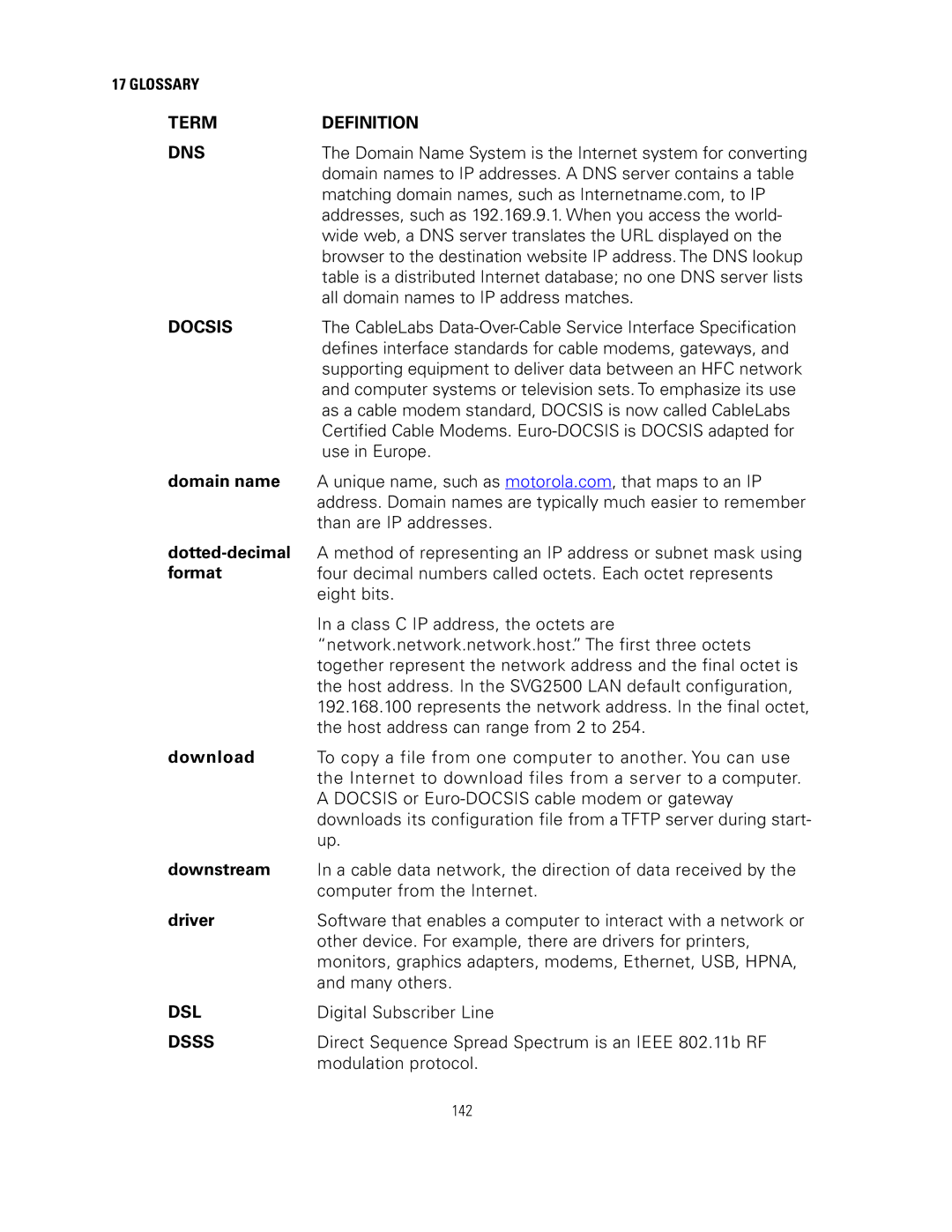 Motorola SVG2500 manual Term Definition DNS, Docsis, Dsl, Dsss 