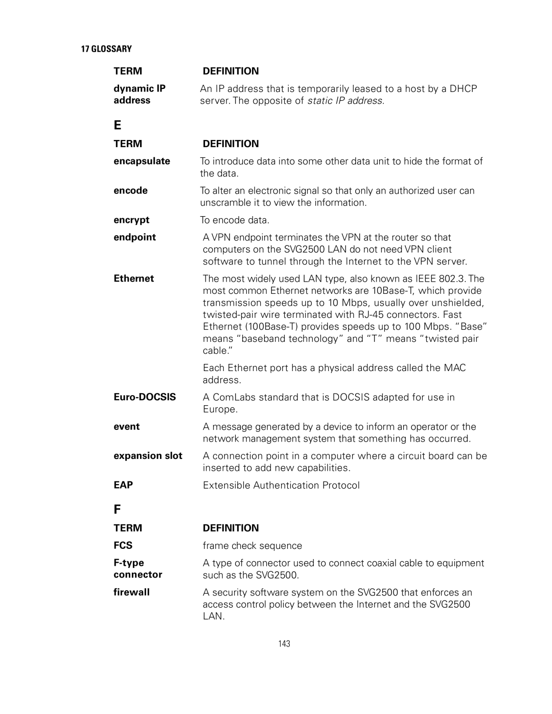 Motorola SVG2500 manual Eap, Term Definition FCS 