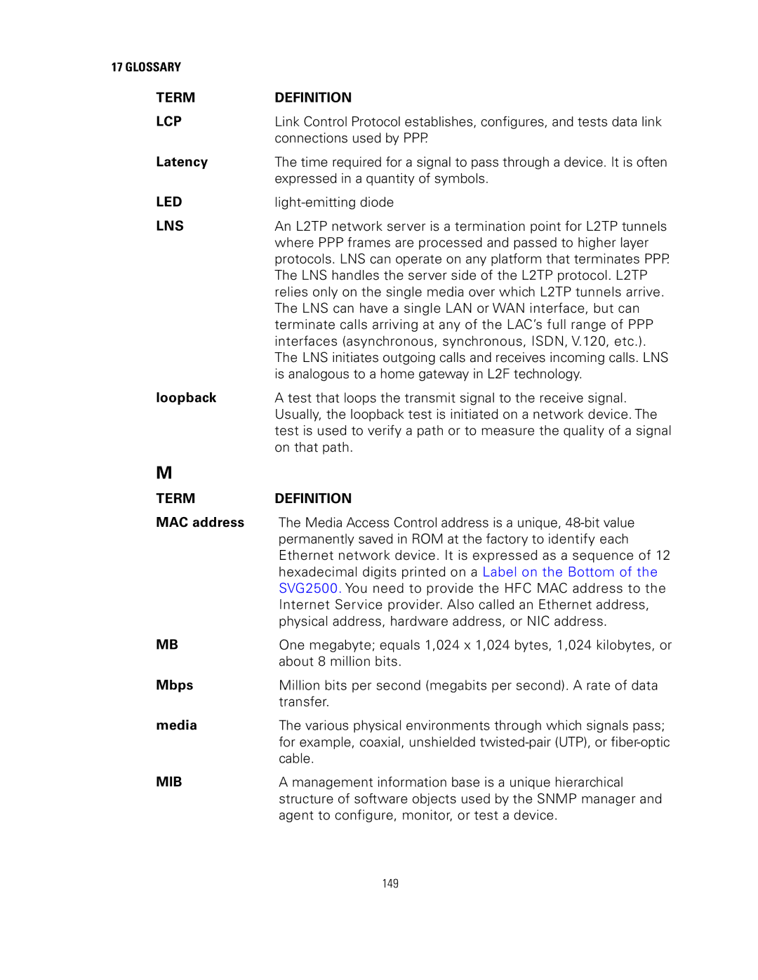 Motorola SVG2500 manual Term Definition LCP, Led, Lns, Mib 