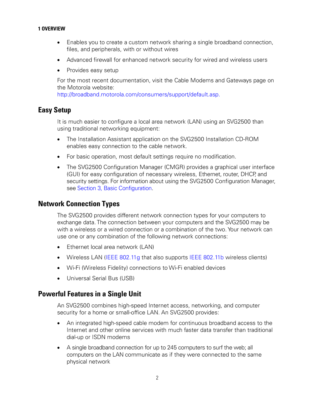 Motorola SVG2500 manual Easy Setup, Network Connection Types, Powerful Features in a Single Unit, Overview 