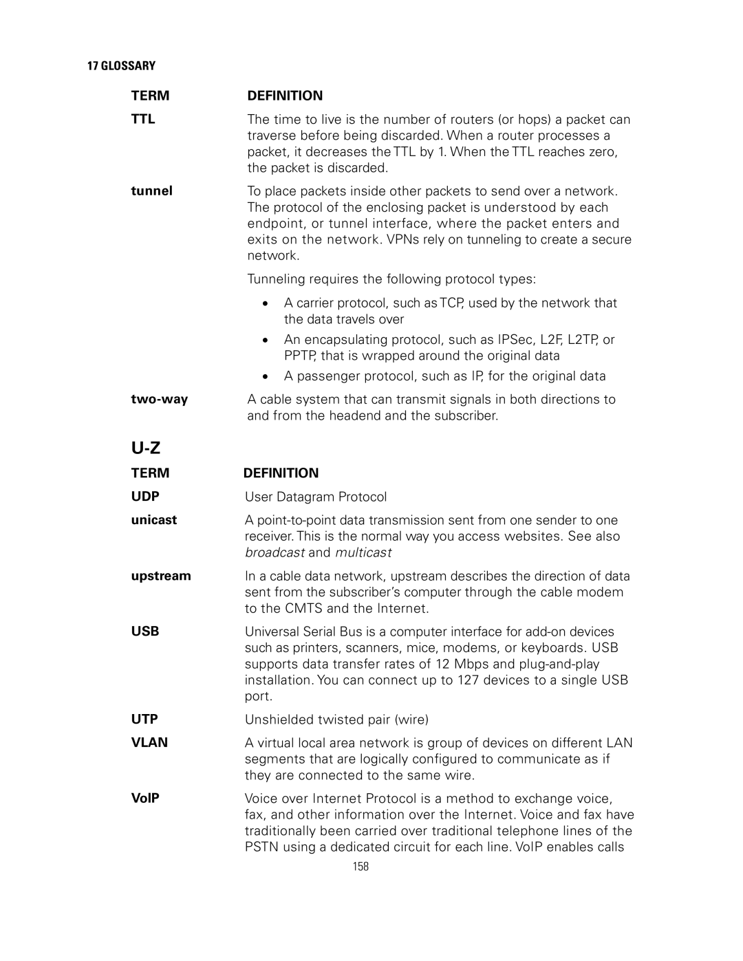 Motorola SVG2500 manual Term Definition TTL, Term Definition UDP, Usb, Utp, Vlan 