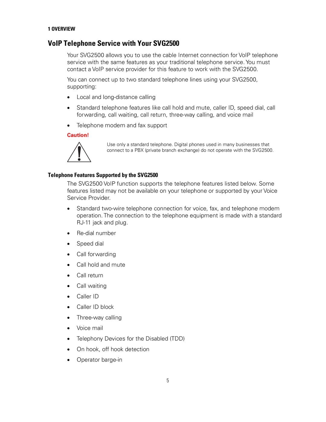 Motorola manual VoIP Telephone Service with Your SVG2500, Telephone Features Supported by the SVG2500 