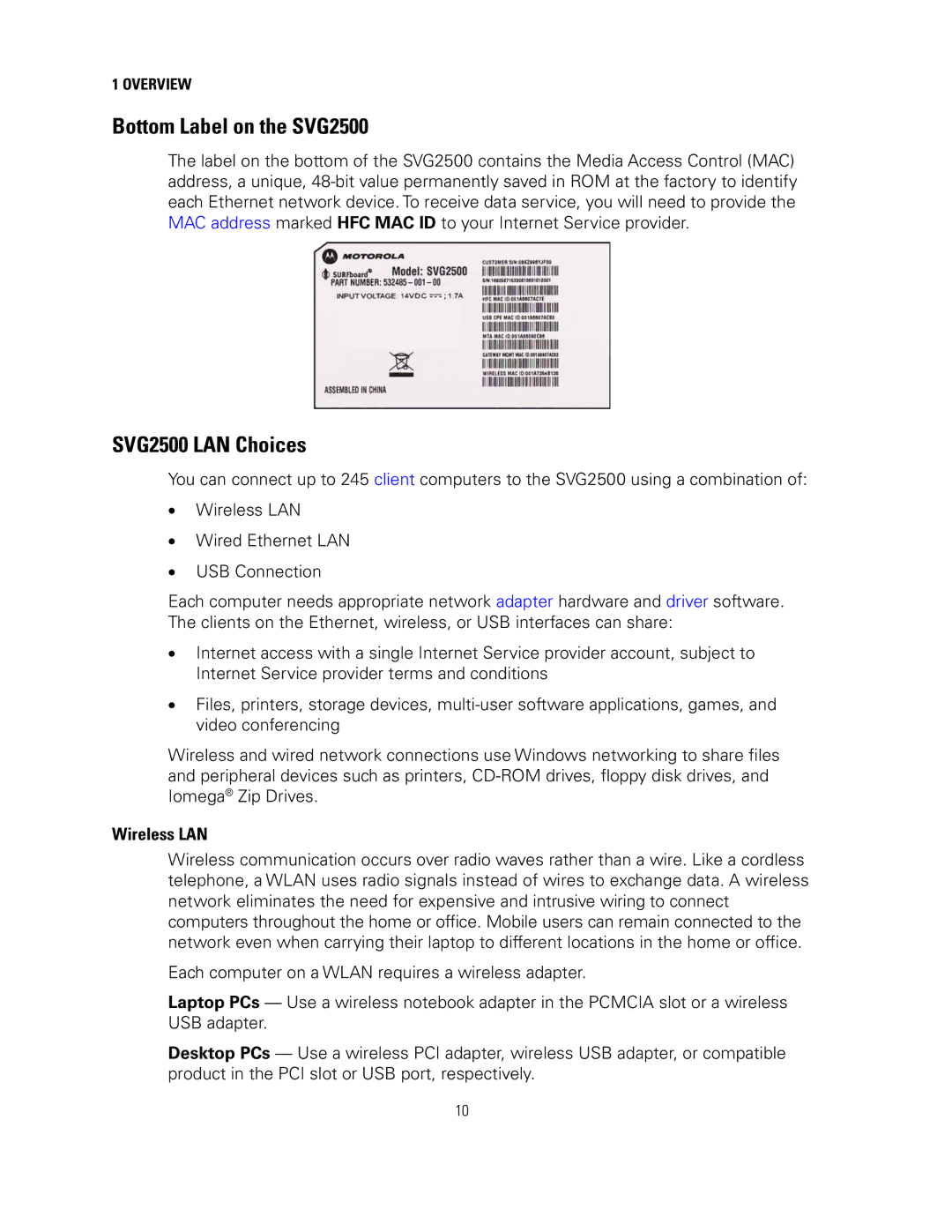 Motorola manual Bottom Label on the SVG2500, SVG2500 LAN Choices, Wireless LAN 