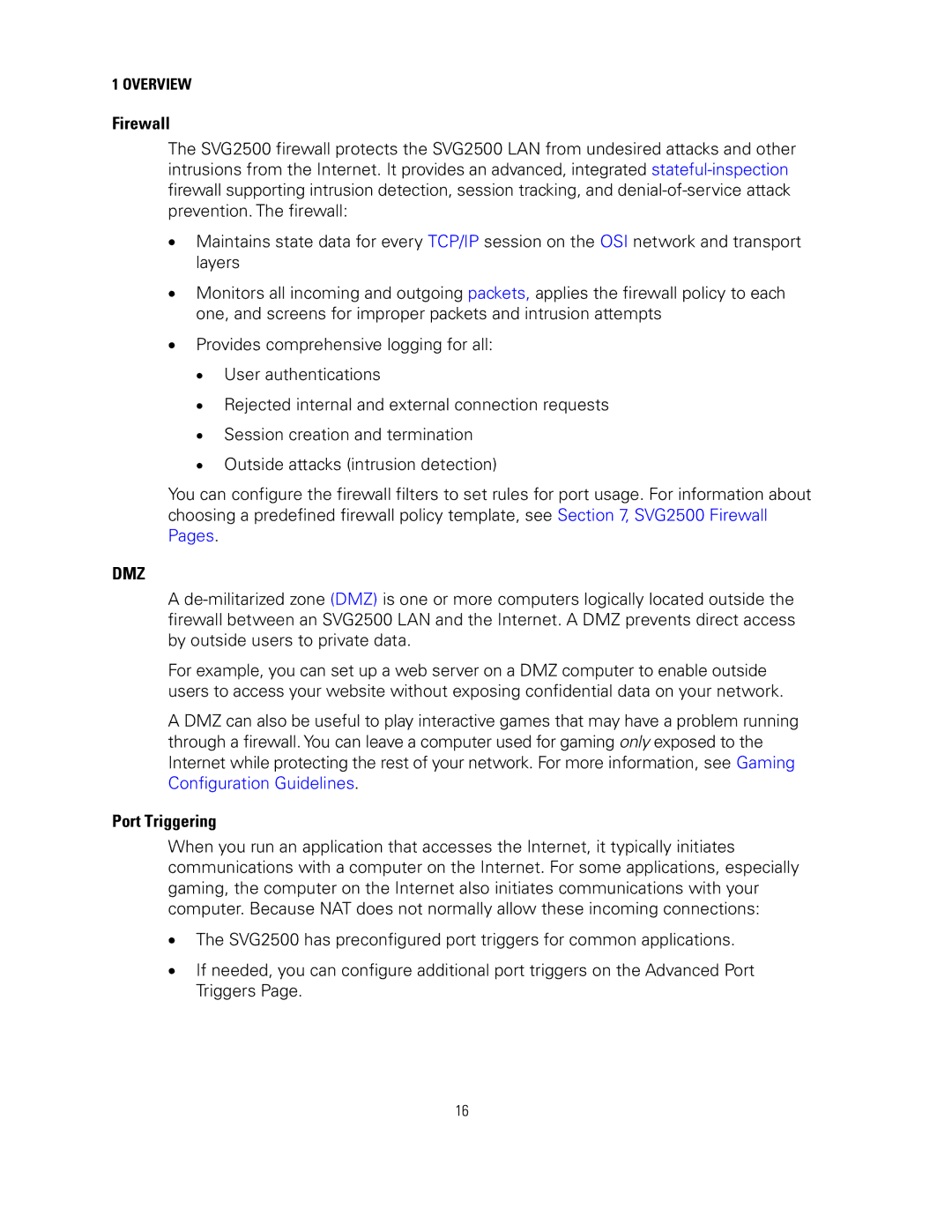 Motorola SVG2500 manual Firewall, Dmz, Port Triggering 