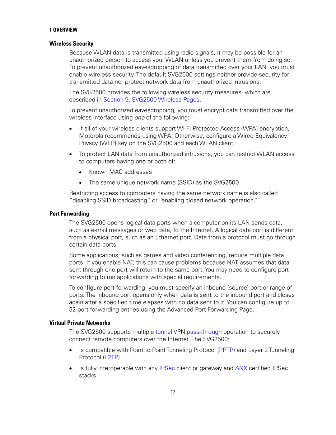 Motorola SVG2500 manual Wireless Security, Port Forwarding, Virtual Private Networks 