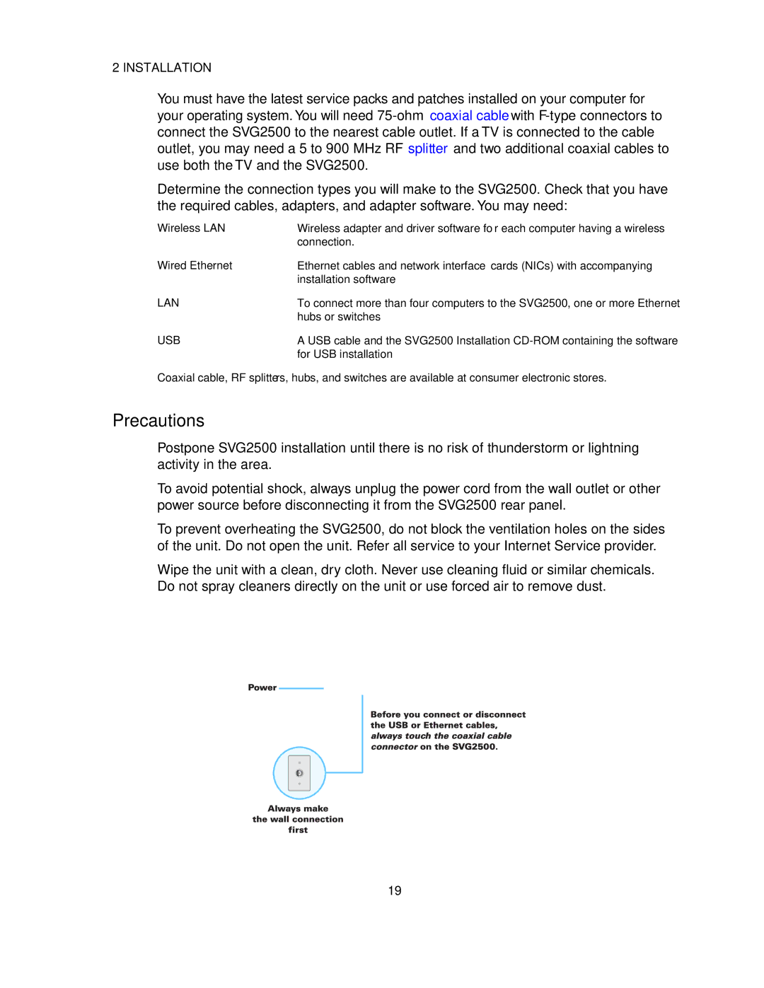 Motorola SVG2500 manual Precautions, Installation, Wireless LAN, Wired Ethernet 