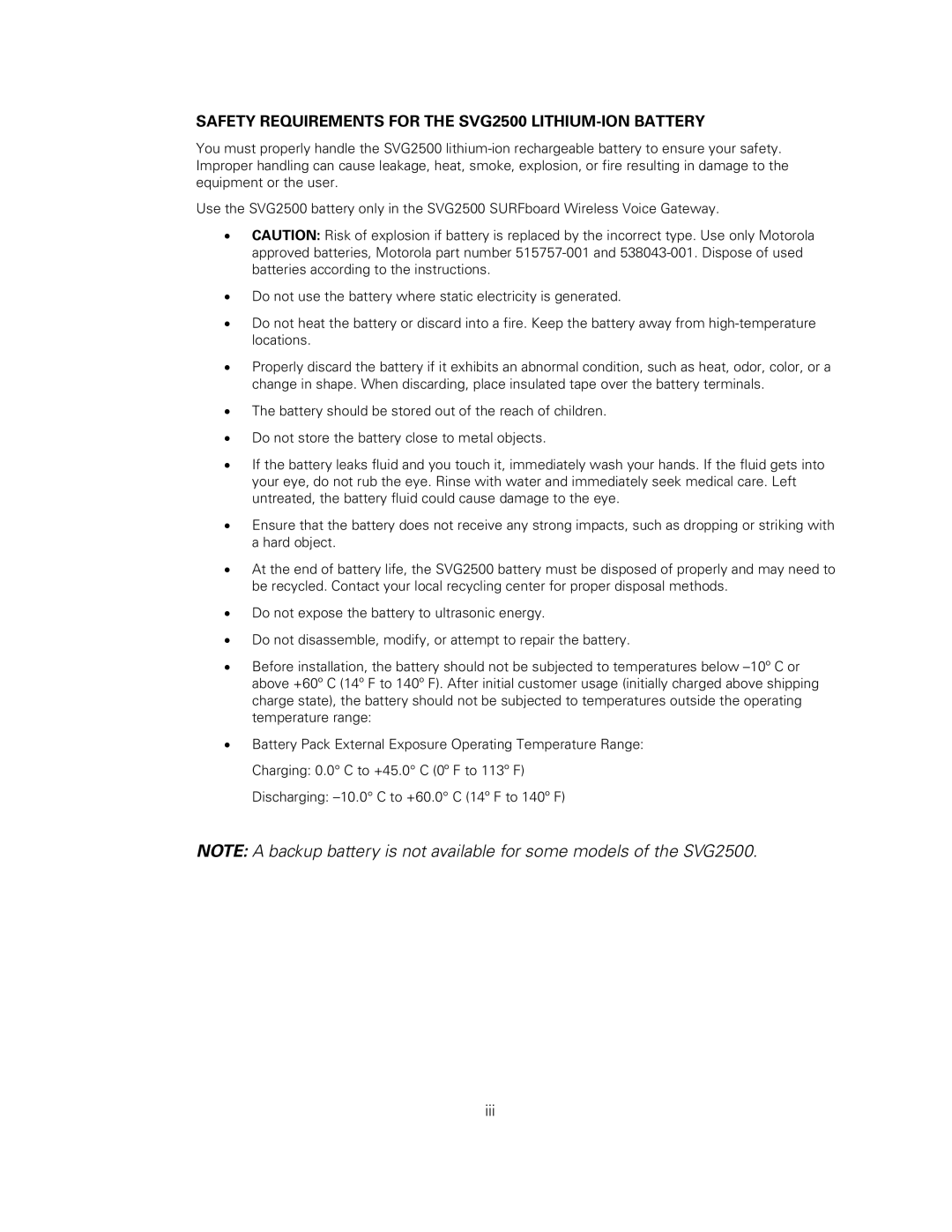 Motorola manual Safety Requirements for the SVG2500 LITHIUM-ION Battery 