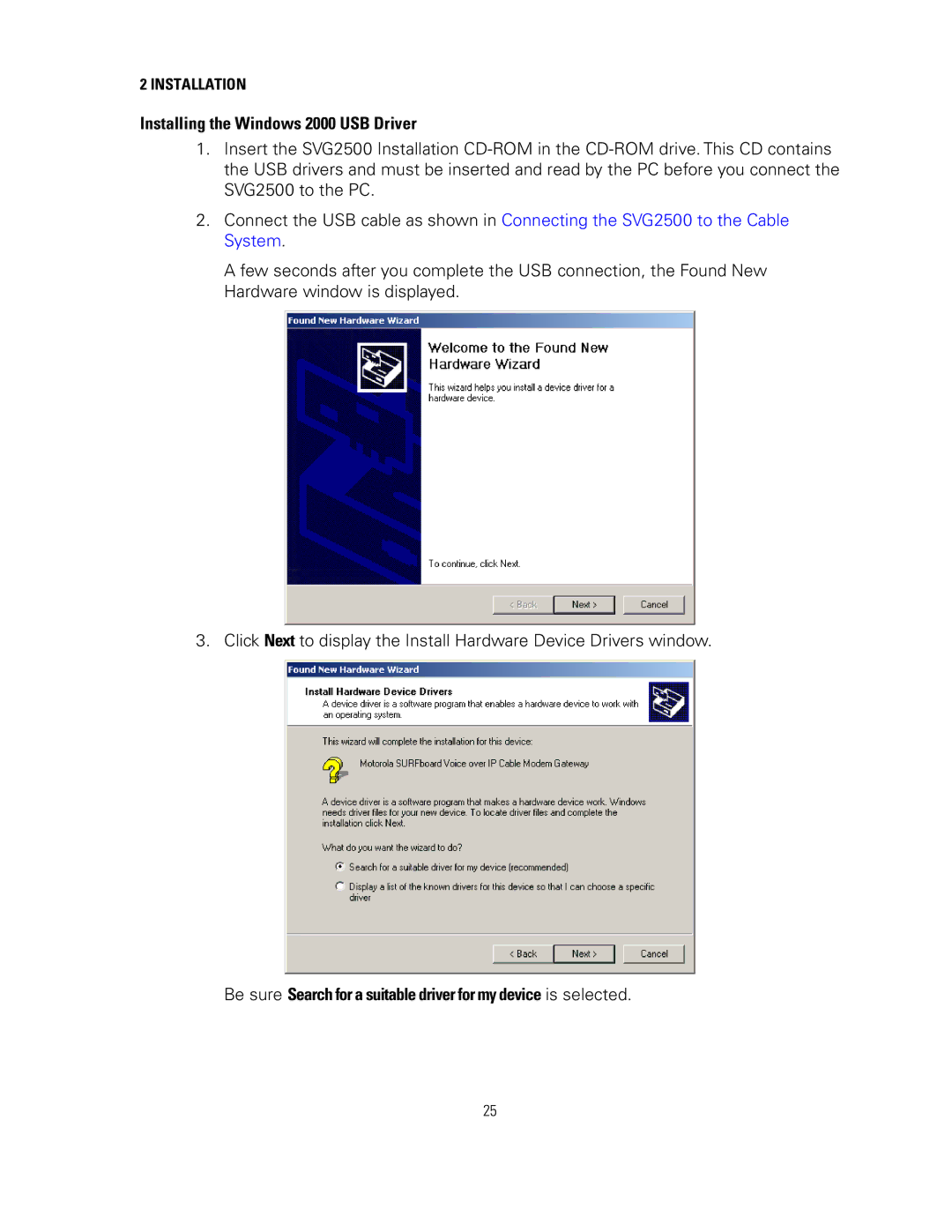 Motorola SVG2500 manual Installing the Windows 2000 USB Driver 