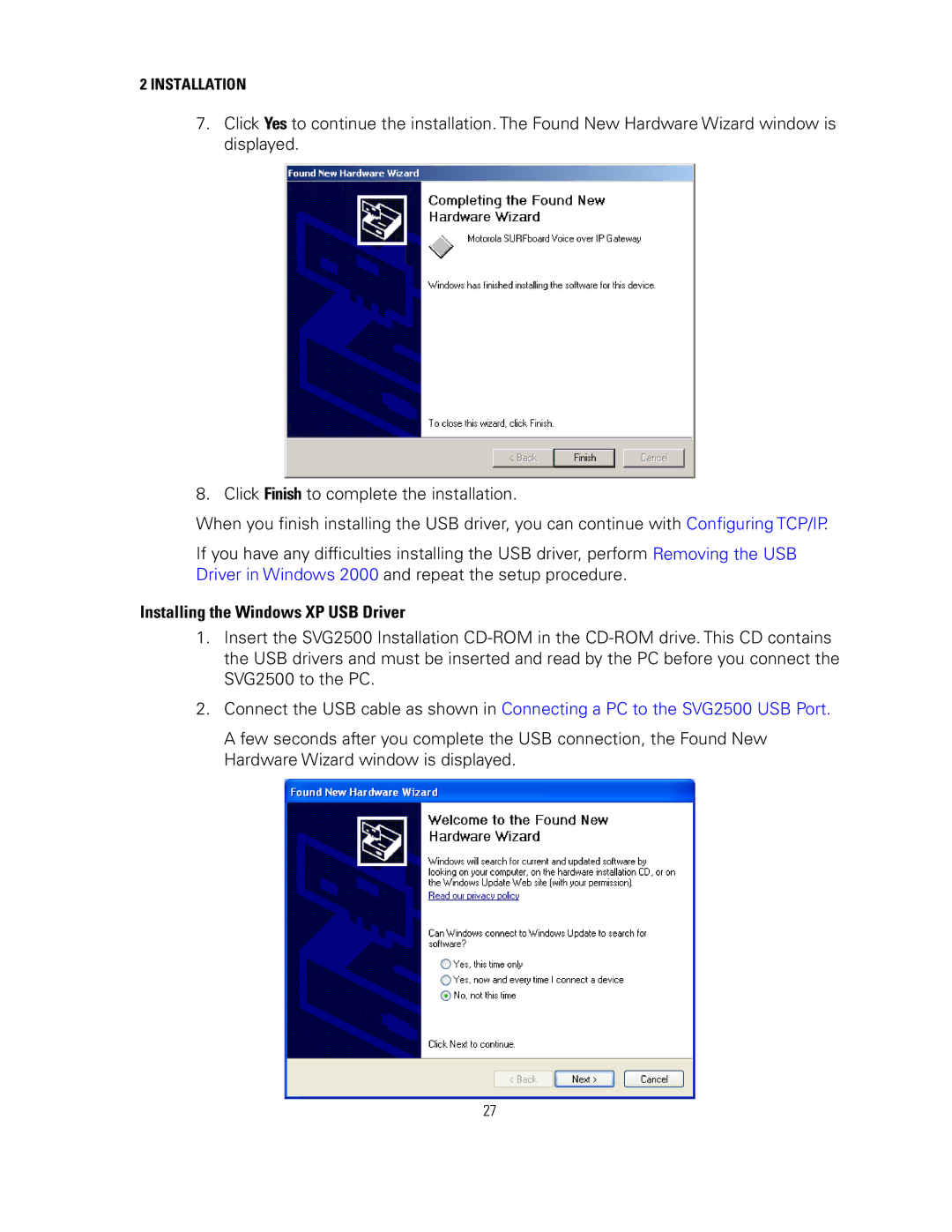 Motorola SVG2500 manual Installing the Windows XP USB Driver 