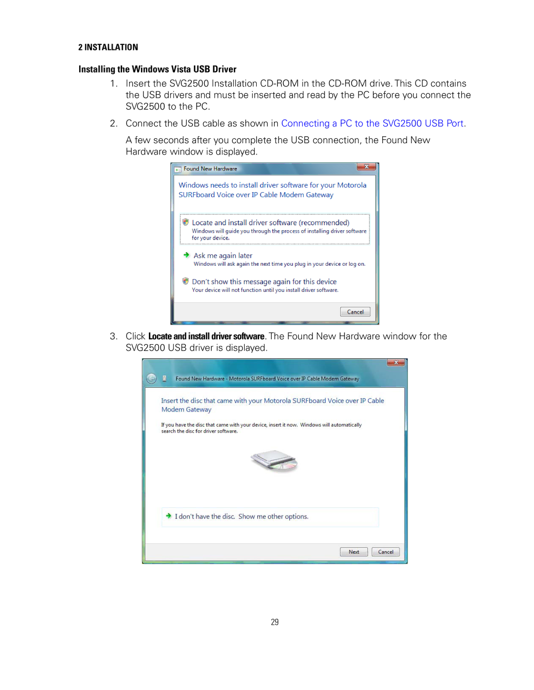 Motorola SVG2500 manual Installing the Windows Vista USB Driver 