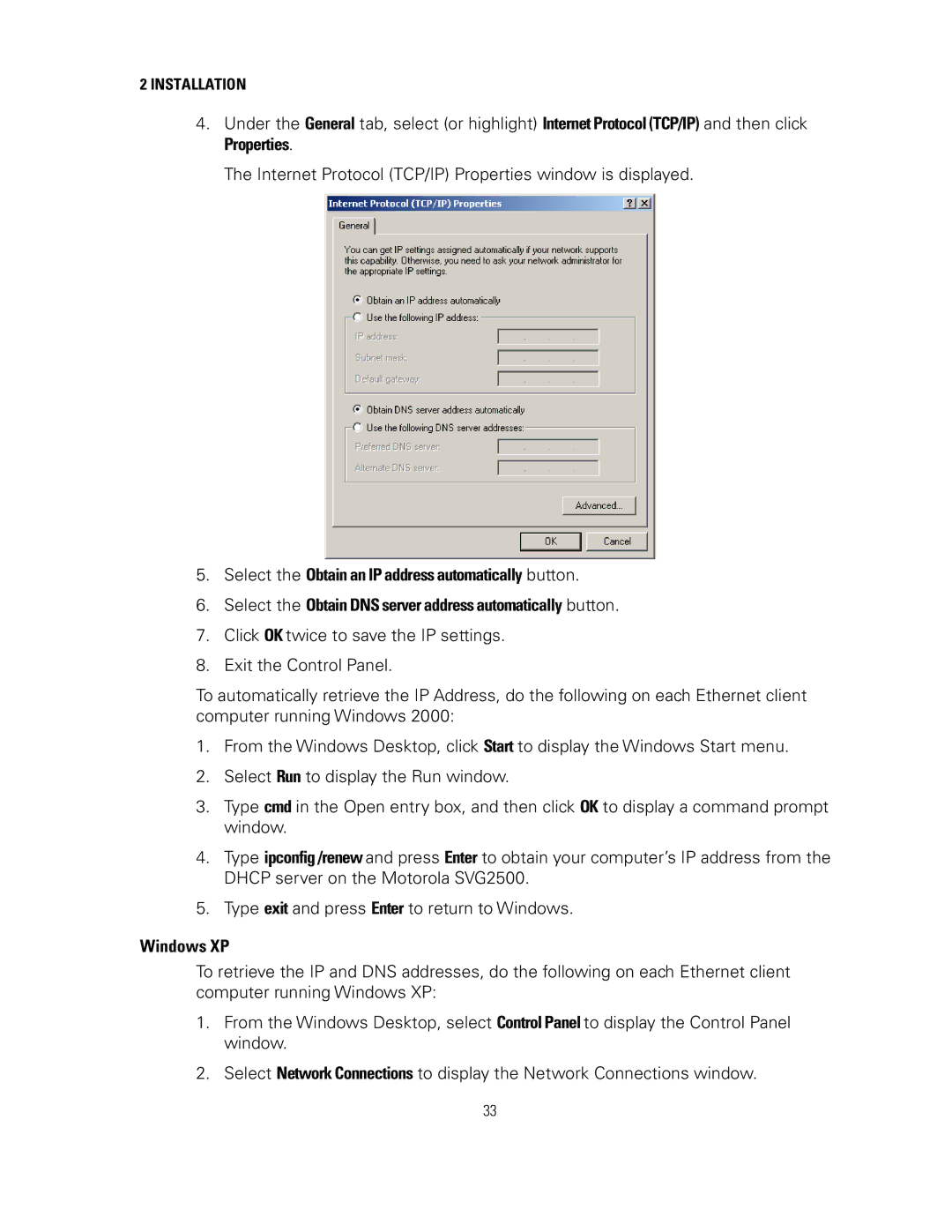 Motorola SVG2500 manual Windows XP 