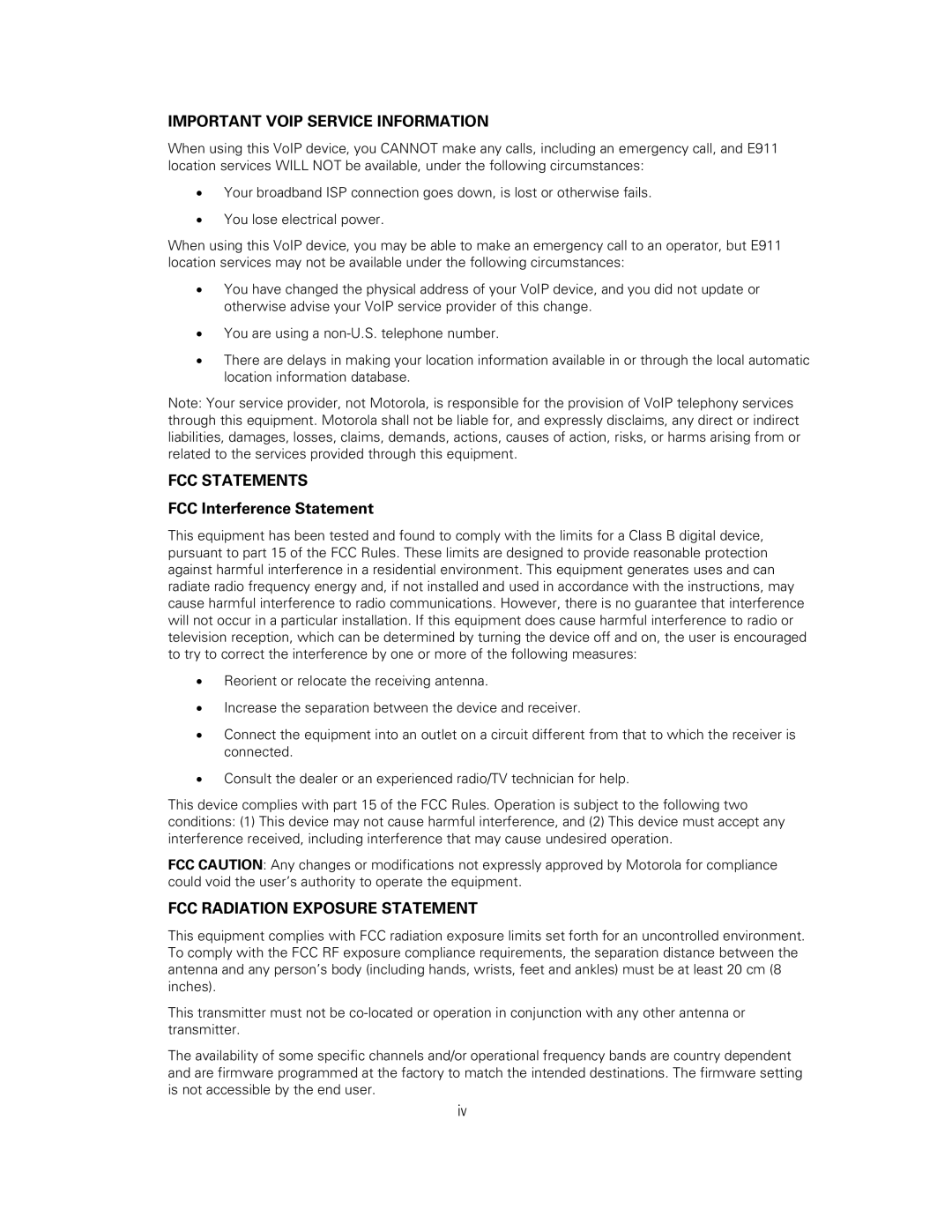 Motorola SVG2500 manual Important Voip Service Information, FCC Statements, FCC Radiation Exposure Statement 