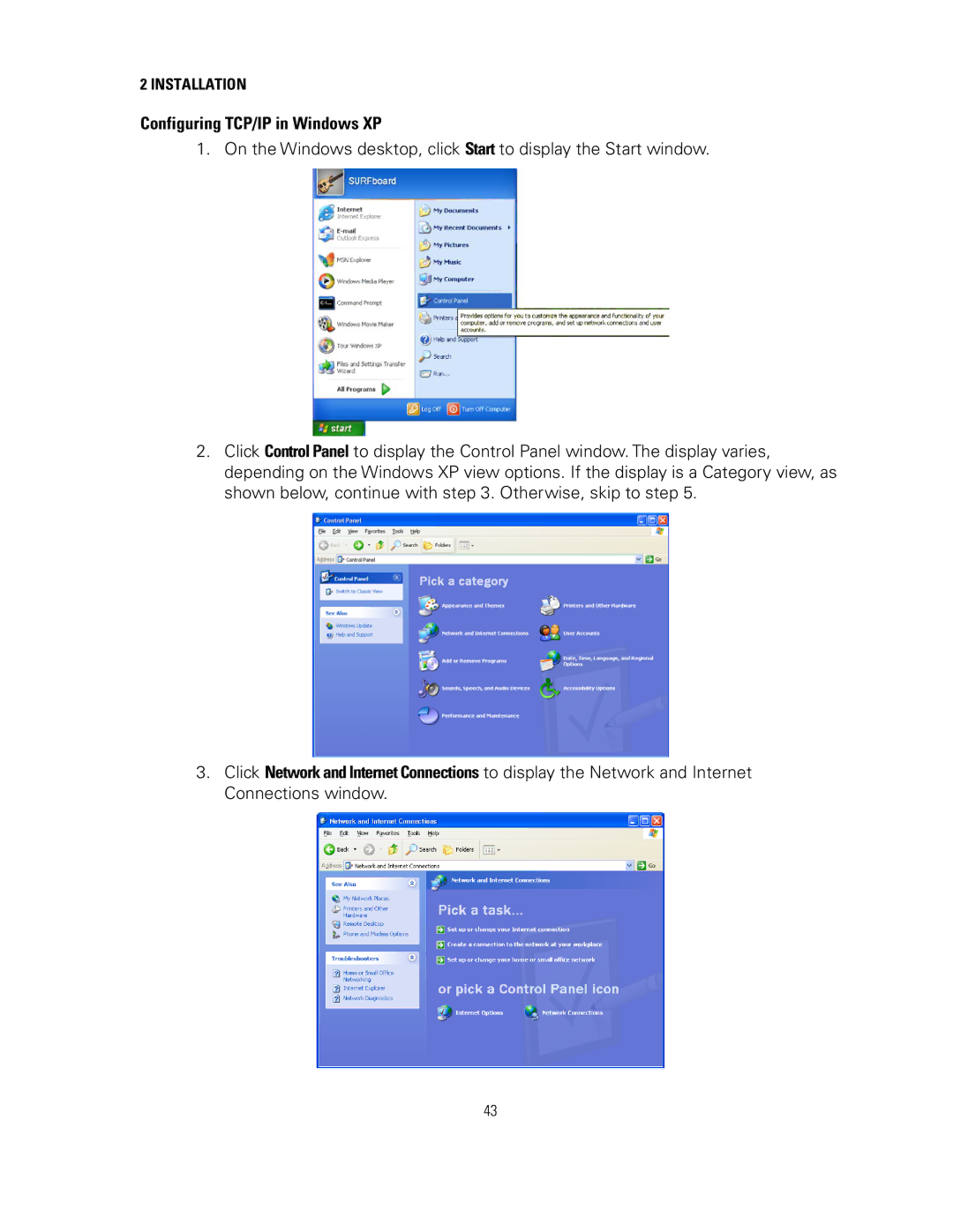 Motorola SVG2500 manual Configuring TCP/IP in Windows XP 