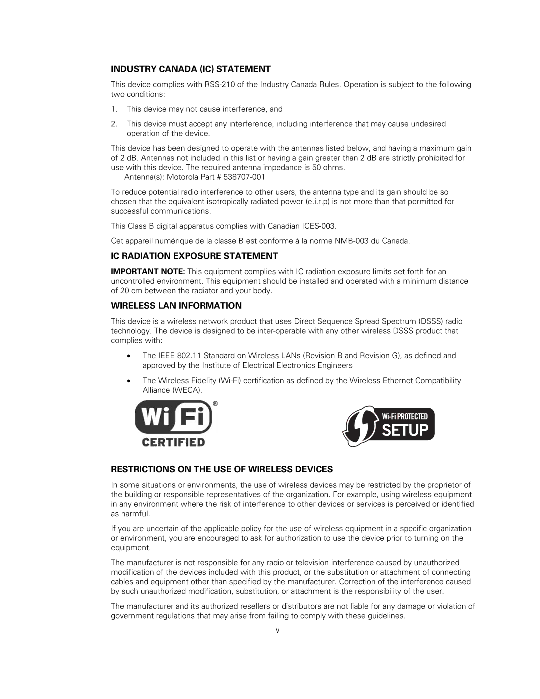 Motorola SVG2500 manual Industry Canada IC Statement, IC Radiation Exposure Statement, Wireless LAN Information 