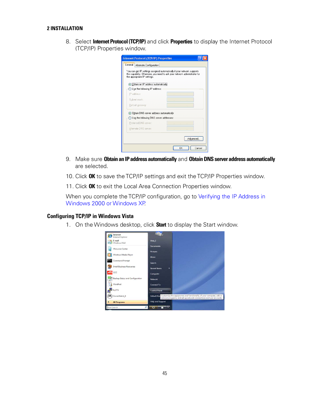 Motorola SVG2500 manual Configuring TCP/IP in Windows Vista 