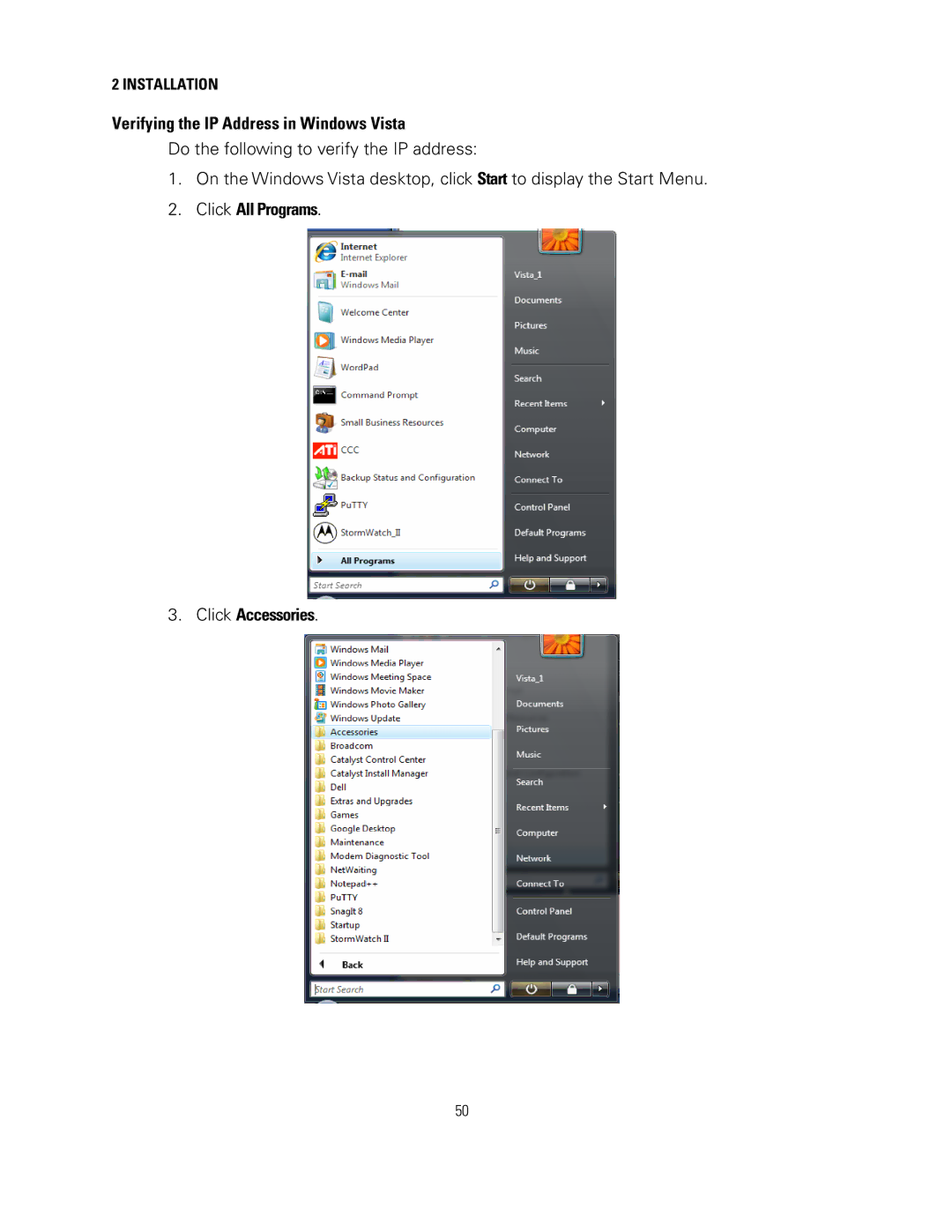 Motorola SVG2500 manual Verifying the IP Address in Windows Vista, Click All Programs Click Accessories 