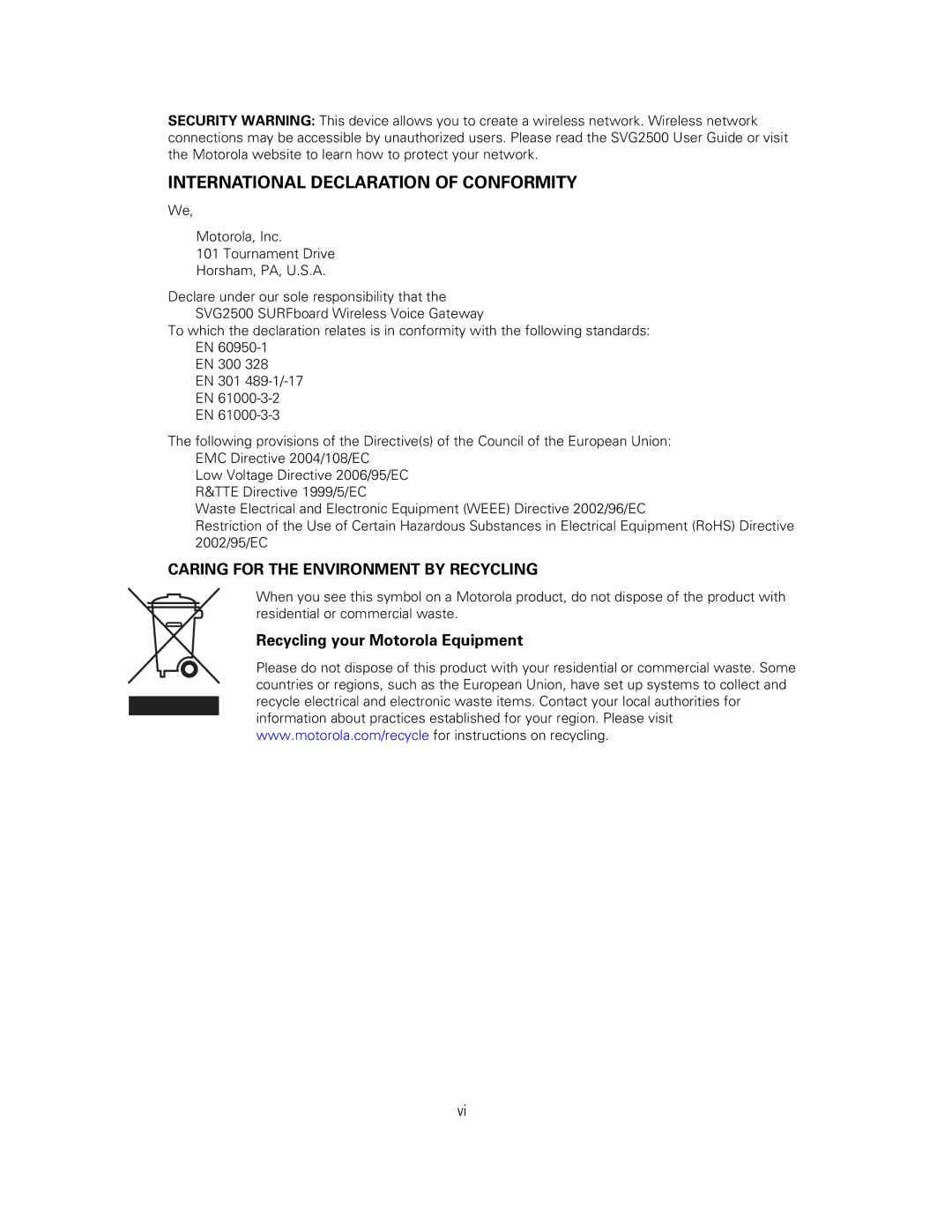 Motorola SVG2500 manual International Declaration of Conformity, Caring for the Environment by Recycling 