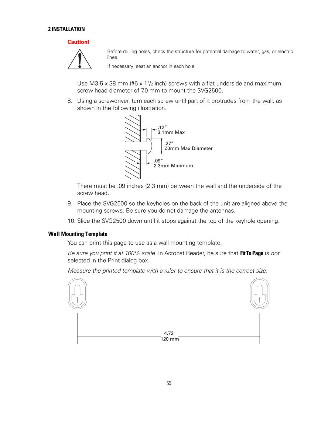 Motorola SVG2500 manual Wall Mounting Template, Installation Caution 