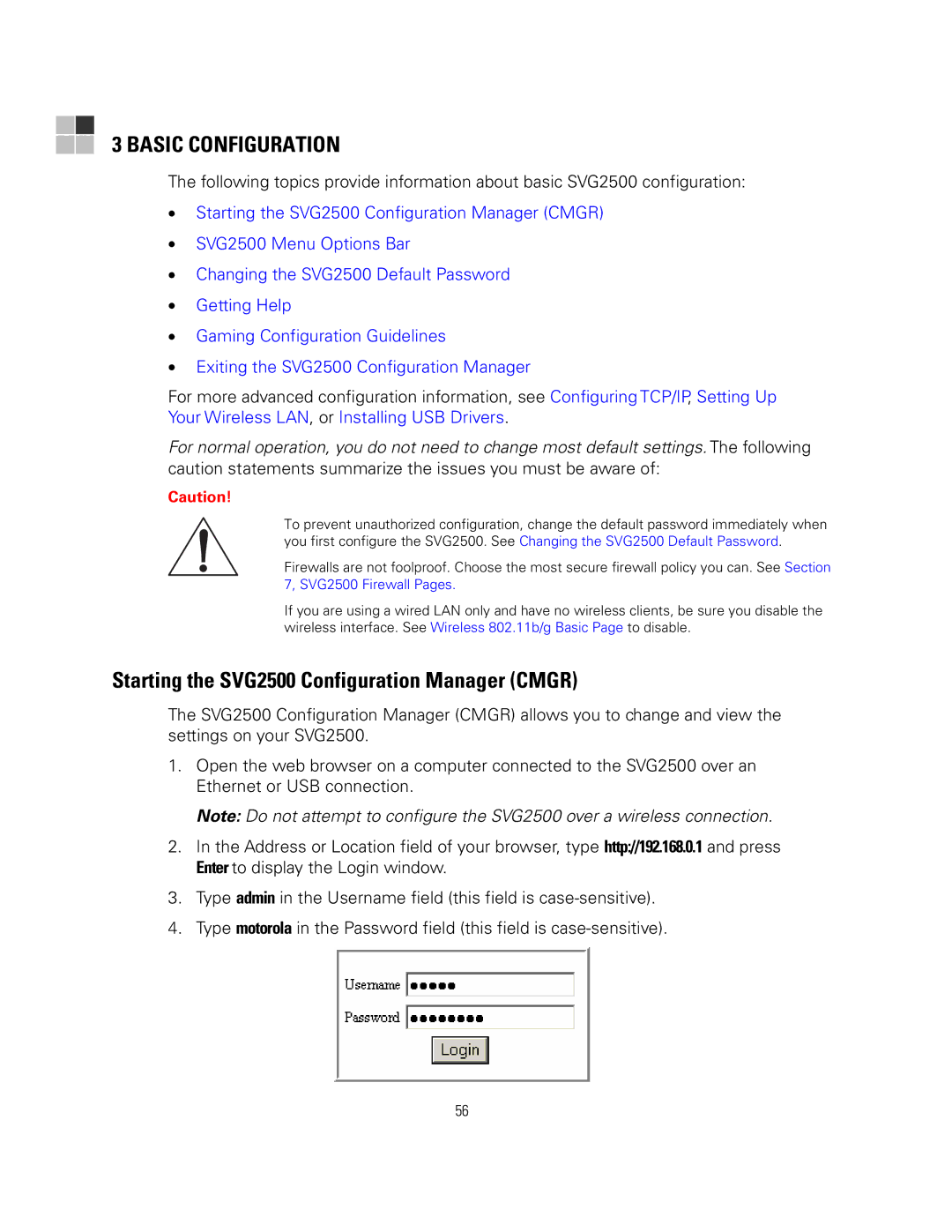 Motorola manual Basic Configuration, Starting the SVG2500 Configuration Manager Cmgr 