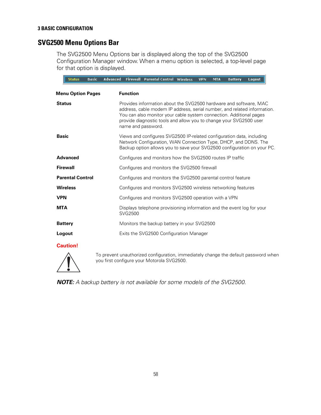 Motorola manual SVG2500 Menu Options Bar 