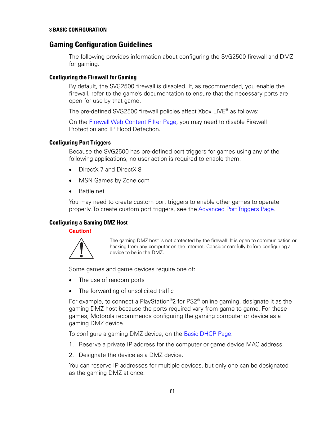 Motorola SVG2500 manual Gaming Configuration Guidelines, Configuring the Firewall for Gaming, Configuring Port Triggers 