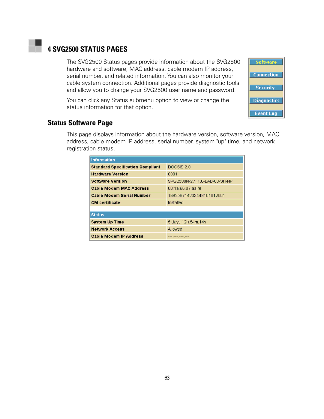 Motorola manual SVG2500 Status Pages, Status Software 