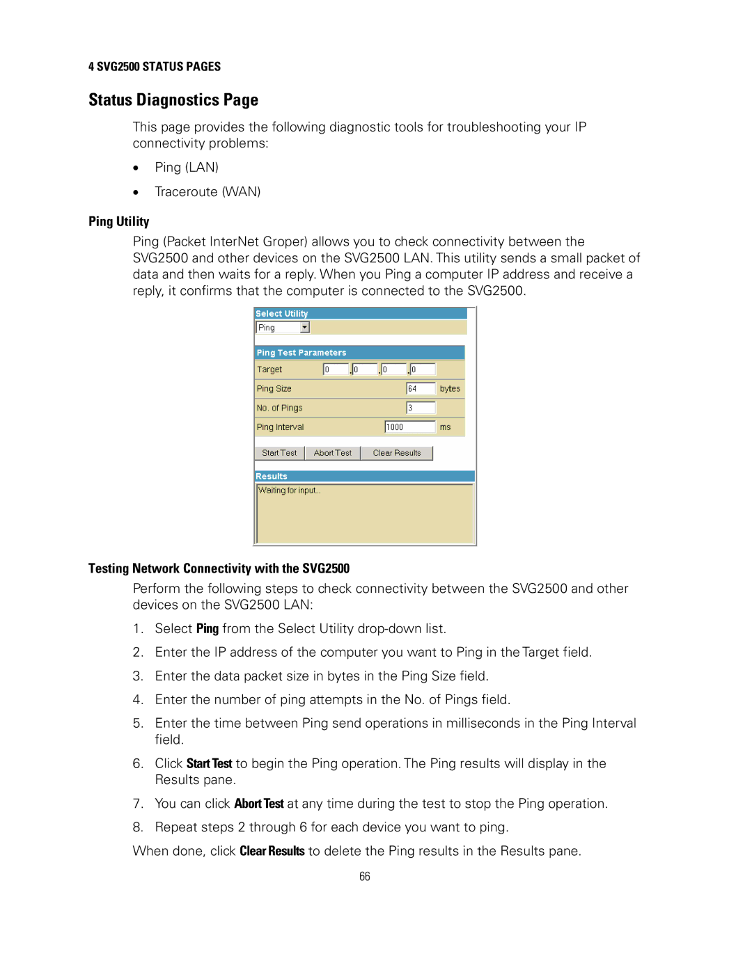 Motorola manual Status Diagnostics, Ping Utility, Testing Network Connectivity with the SVG2500 