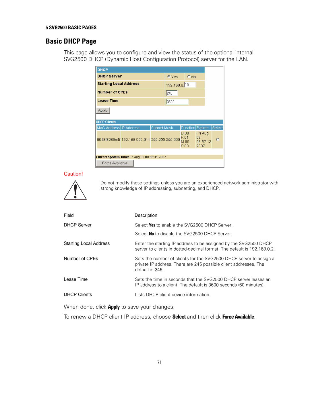 Motorola SVG2500 manual Basic Dhcp 