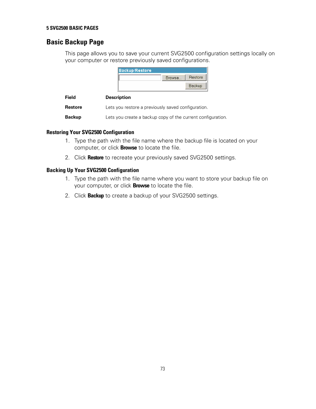 Motorola manual Basic Backup, Restoring Your SVG2500 Configuration, Backing Up Your SVG2500 Configuration 