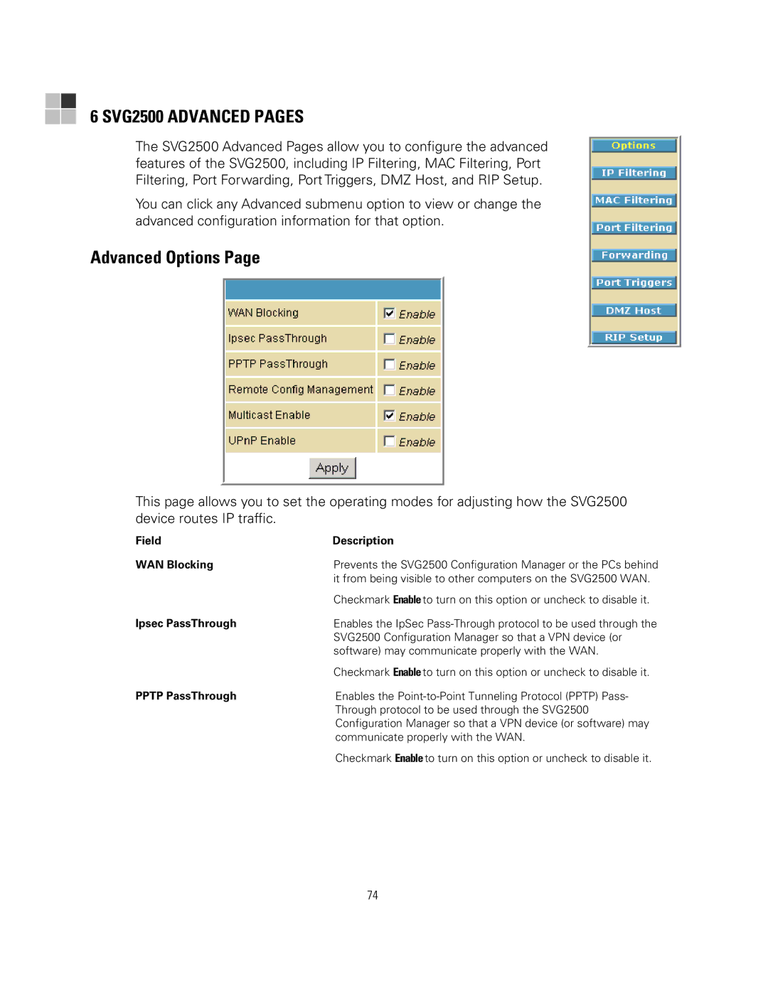 Motorola SVG2500 Advanced Pages, Advanced Options, Field Description WAN Blocking, Ipsec PassThrough, Pptp PassThrough 