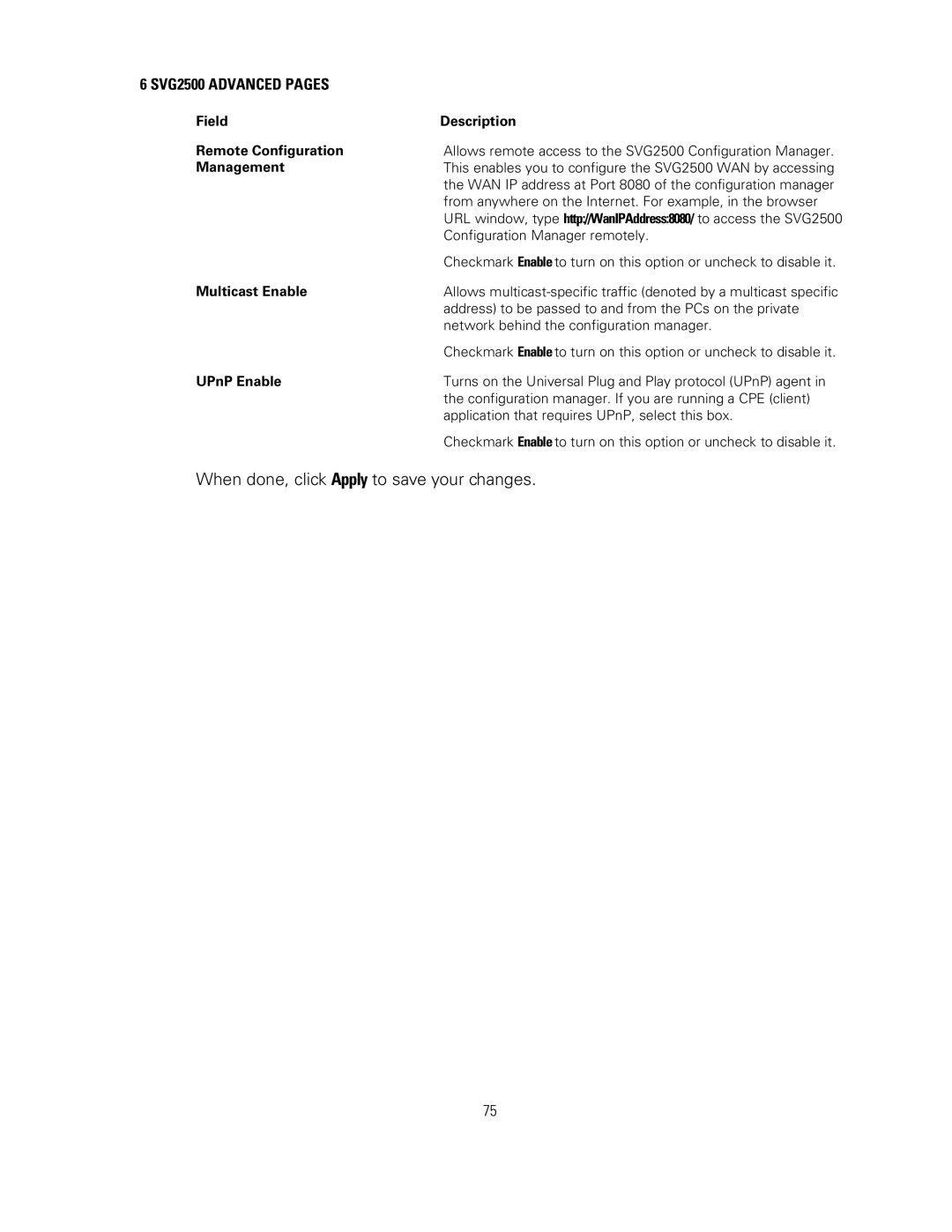 Motorola SVG2500 Advanced Pages, Field Description Remote Configuration, Management, Multicast Enable, UPnP Enable 