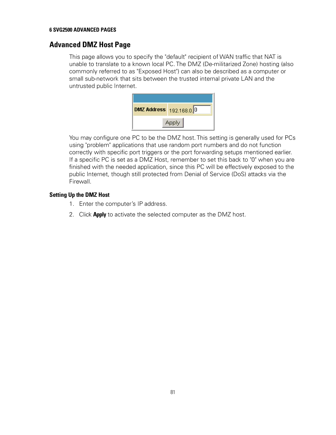 Motorola SVG2500 manual Advanced DMZ Host, Setting Up the DMZ Host 