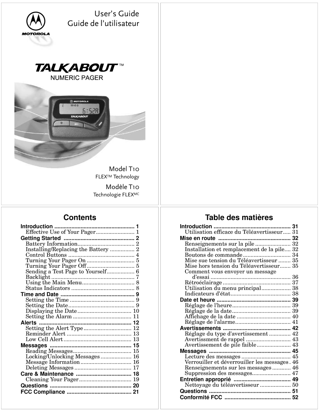 Motorola T10 manual Contents, Table des matières 